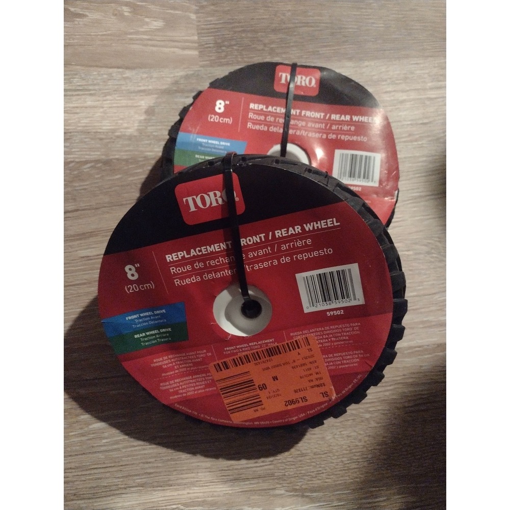 Two new Toro 8 inch replacement front and rear wheels for mower